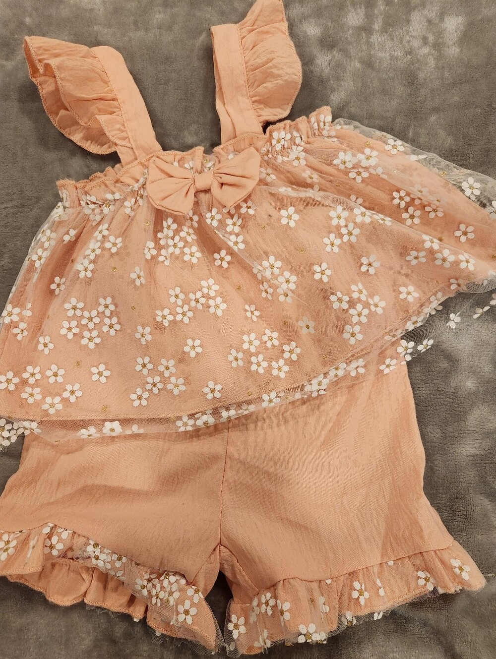 Peach Floral Tulle Bow Top & Shorts, Size 12-18M - Picture 1 of 3